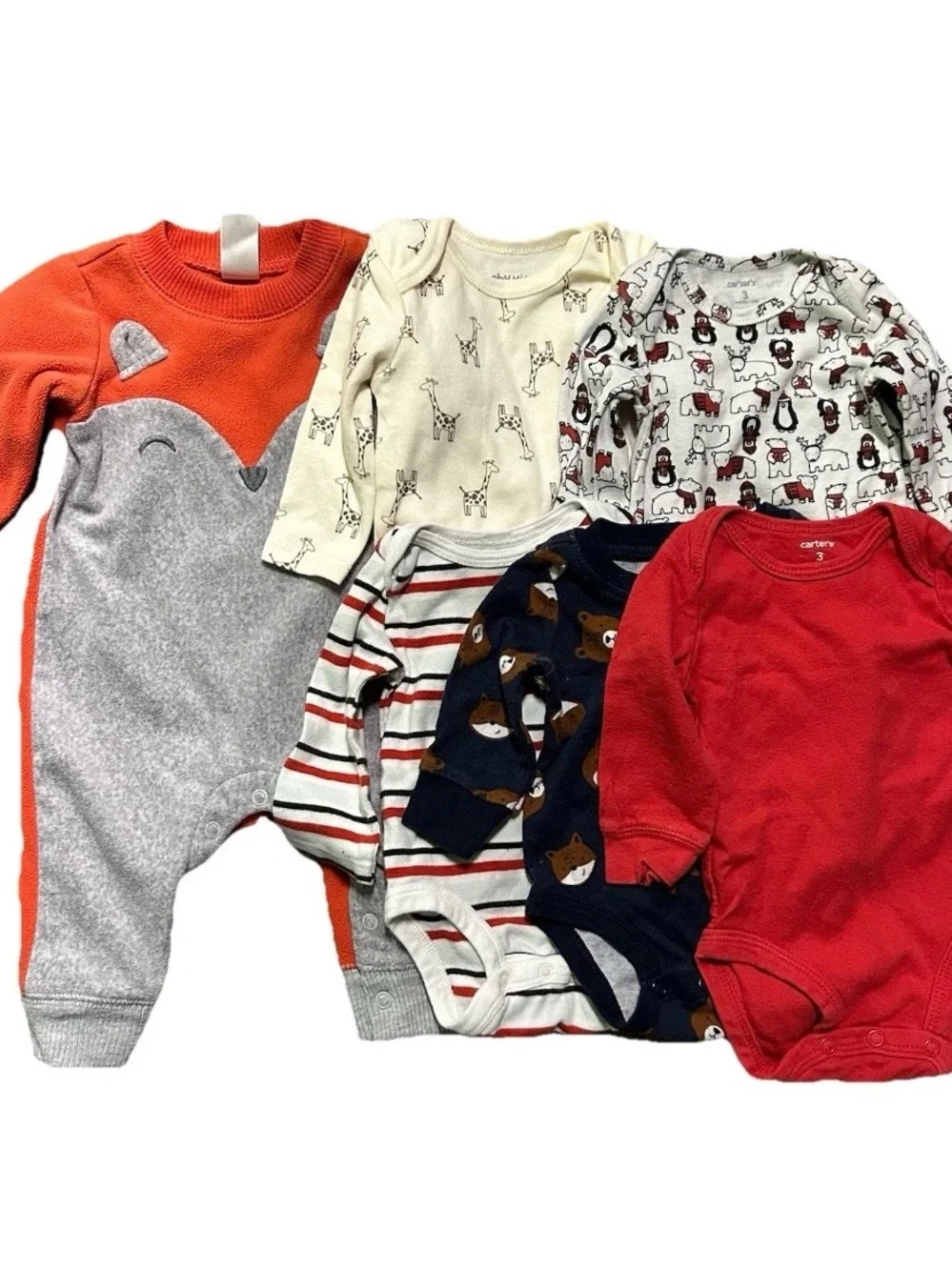 Baby Boy Winter Long Sleeve Bodysuits Solid Stripes Animals Size 3 Months